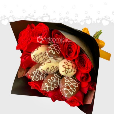 Bouquet De Rosas Y Fresas Con Chocolate Para San Valentín A Domicilio En Armenia Pedido Con Un Día De Anticipación 